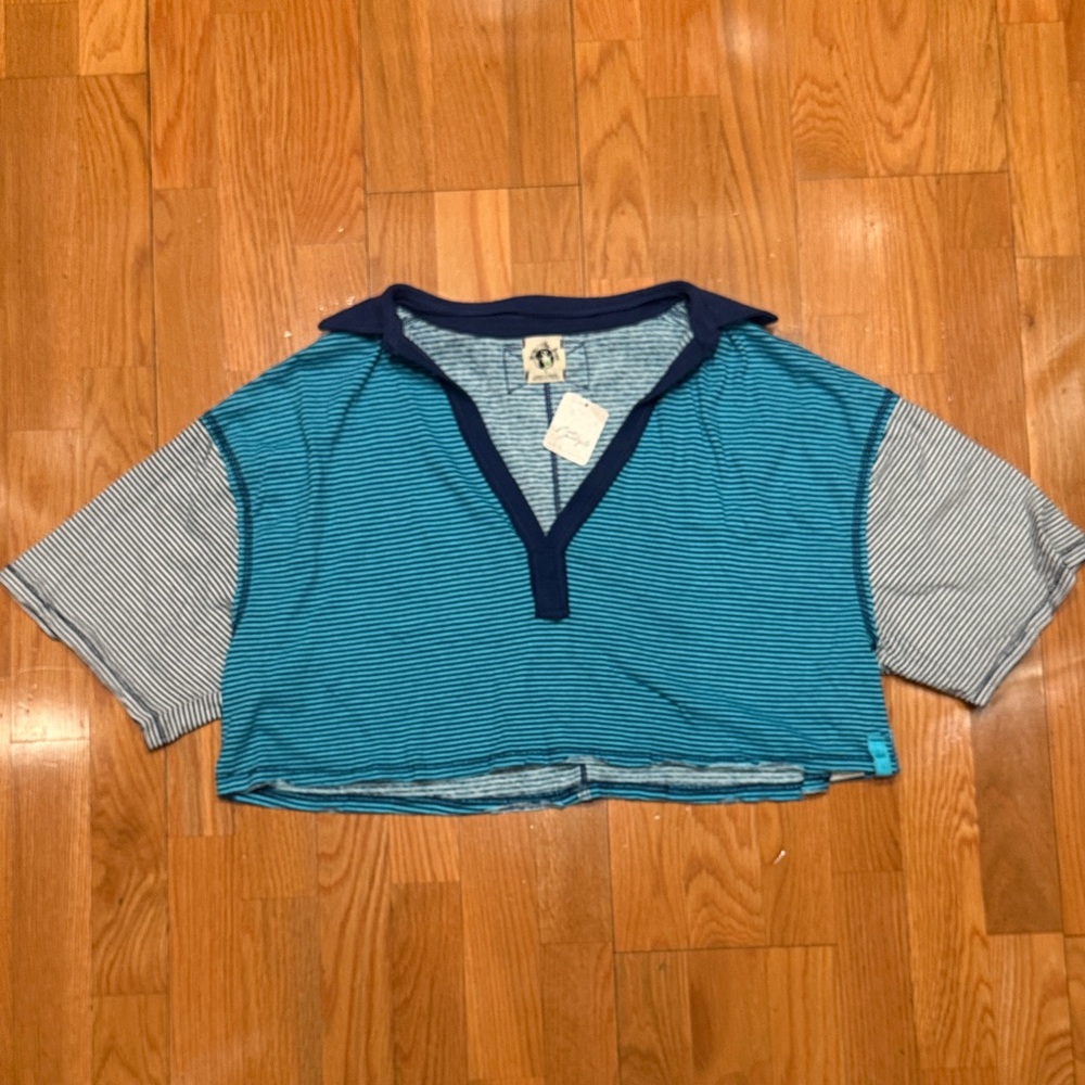 We The Free Blue Stripe Short Sleeve Crop Tee with Navy Trim